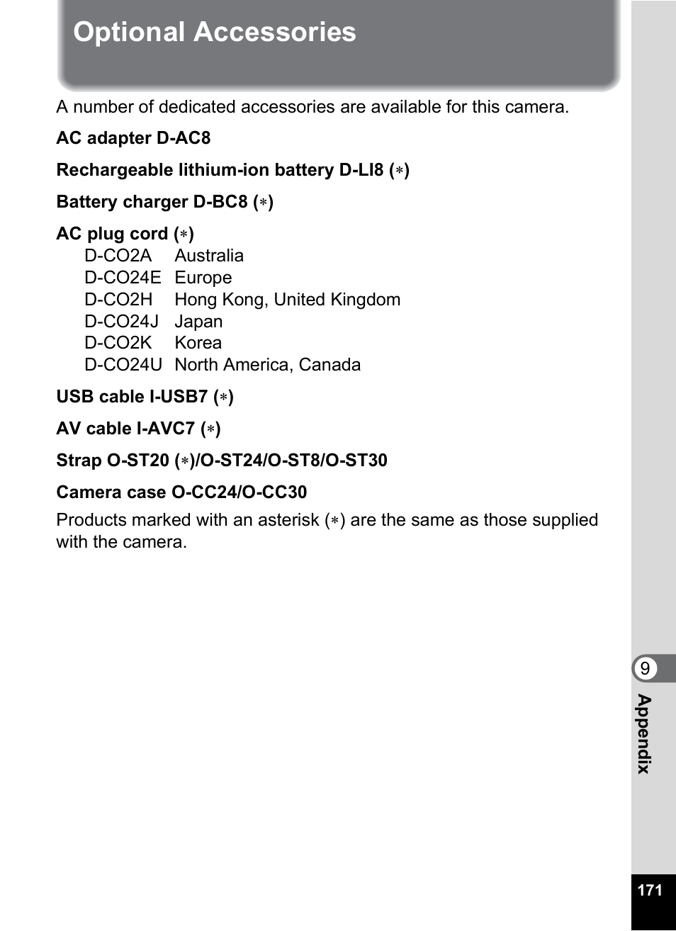 Optional accessories | Pentax OptioWP User Manual | Page 173 / 188