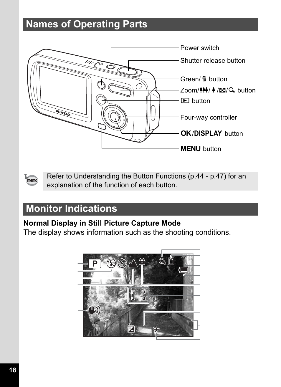 Names of operating parts, Monitor indications, Names of operating parts monitor indications | Pentax OptioWP User Manual | Page 20 / 188