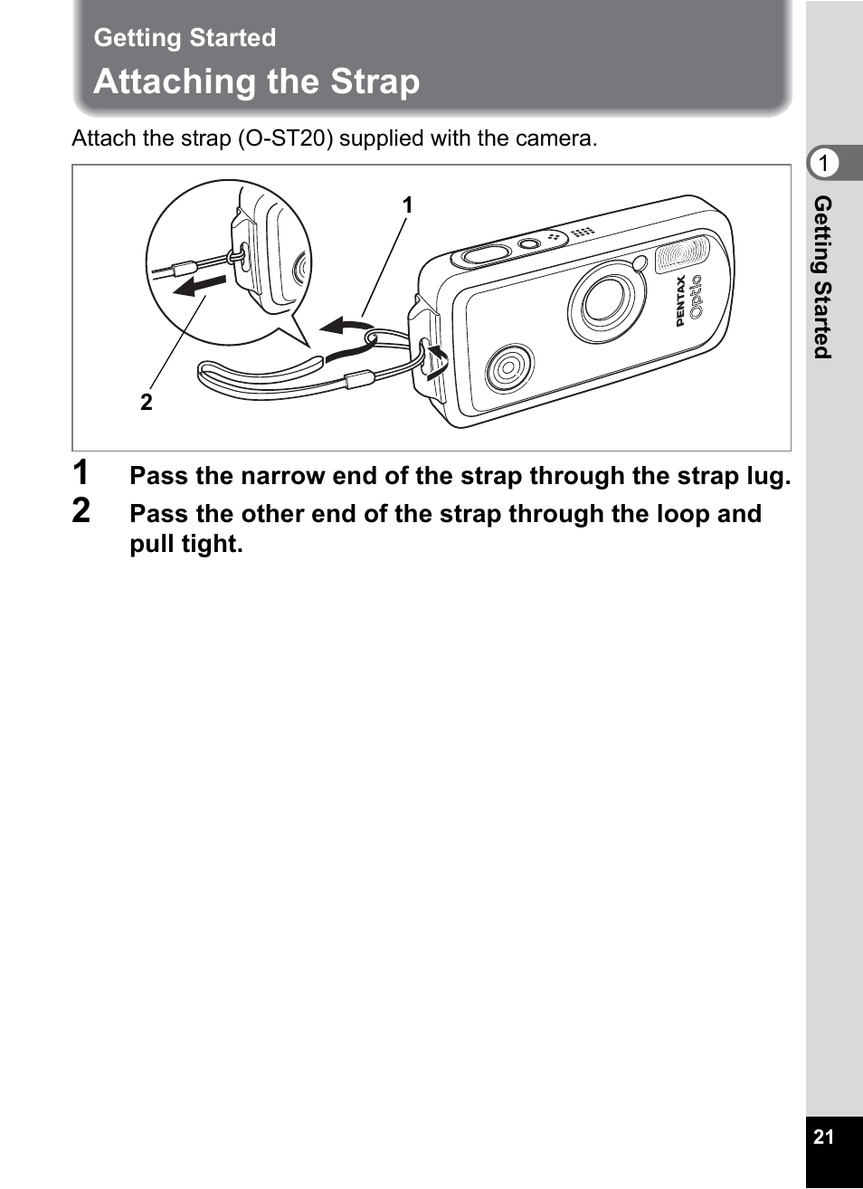 Getting started, Attaching the strap | Pentax OptioWP User Manual | Page 23 / 188