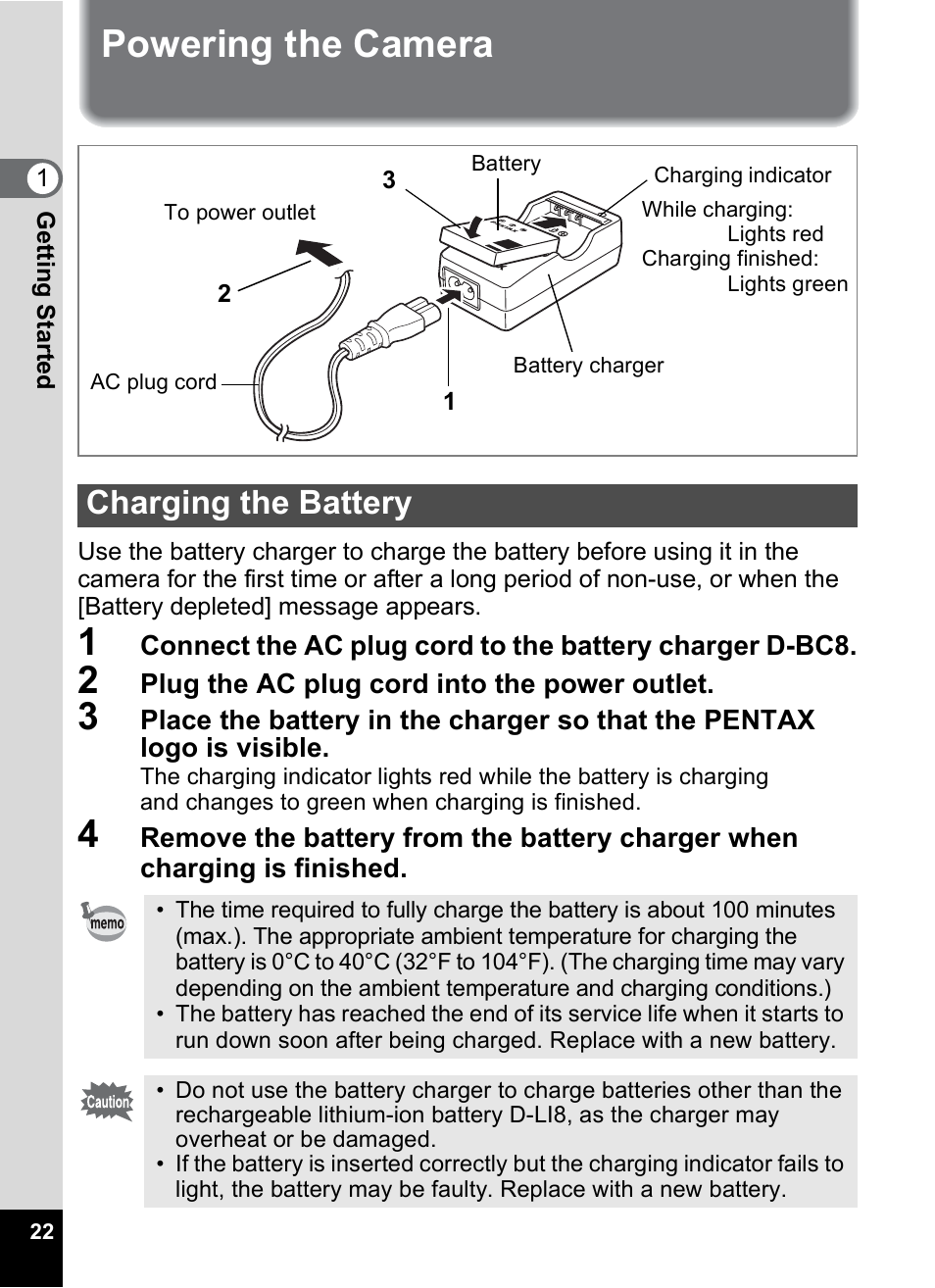 Powering the camera, Charging the battery | Pentax OptioWP User Manual | Page 24 / 188