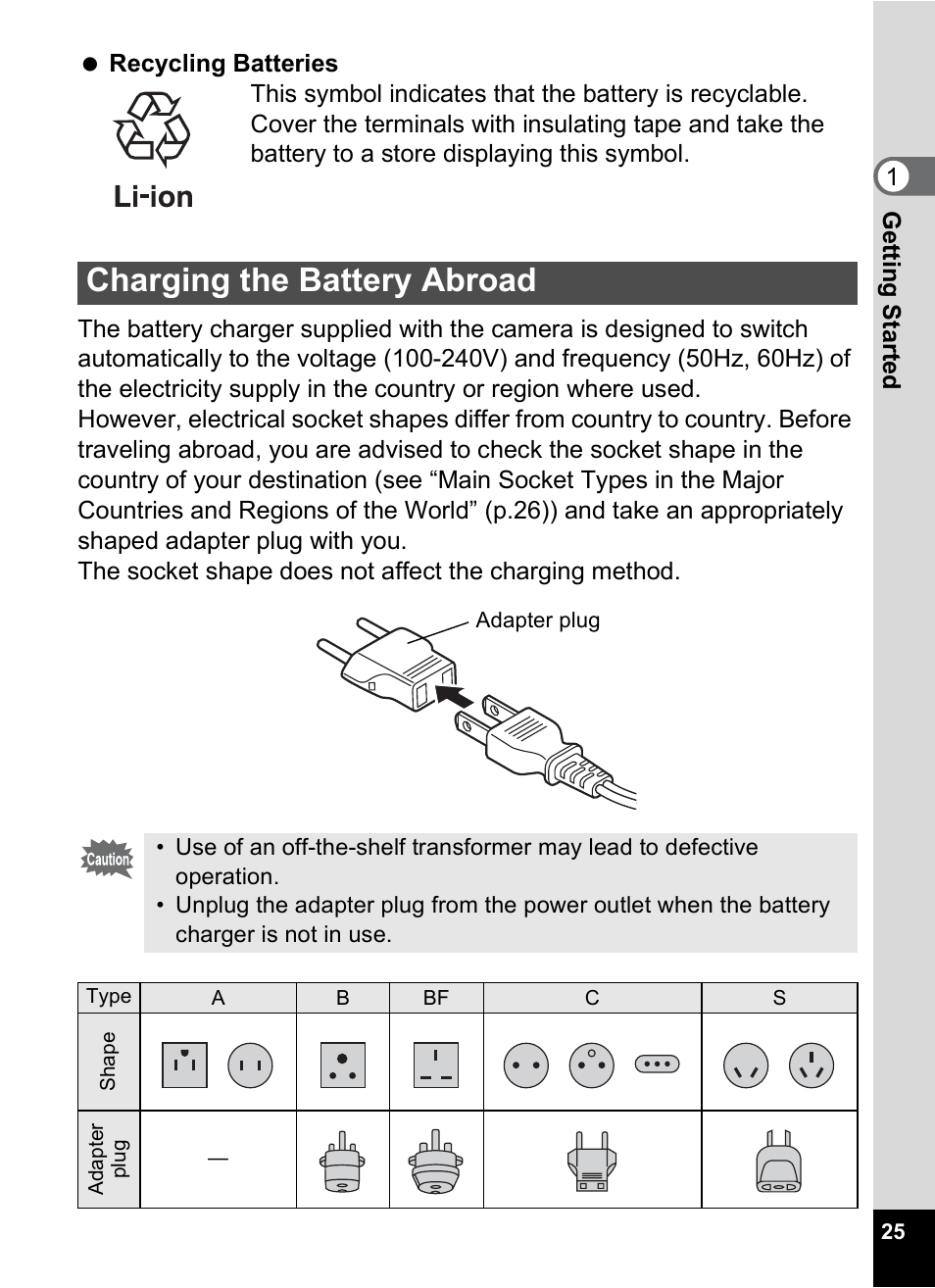 Charging the battery abroad | Pentax OptioWP User Manual | Page 27 / 188