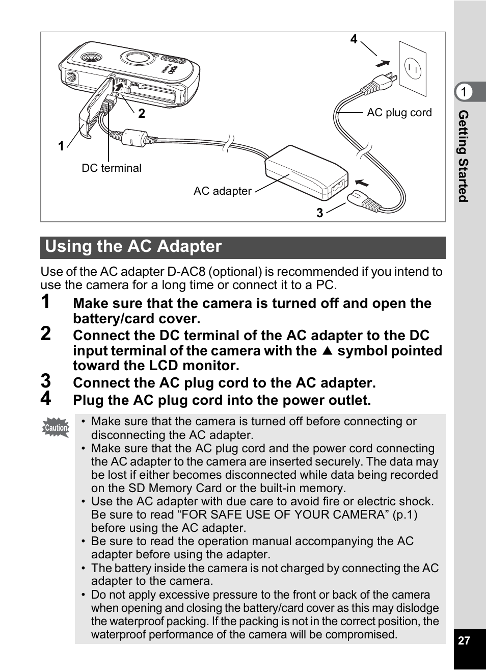Using the ac adapter | Pentax OptioWP User Manual | Page 29 / 188