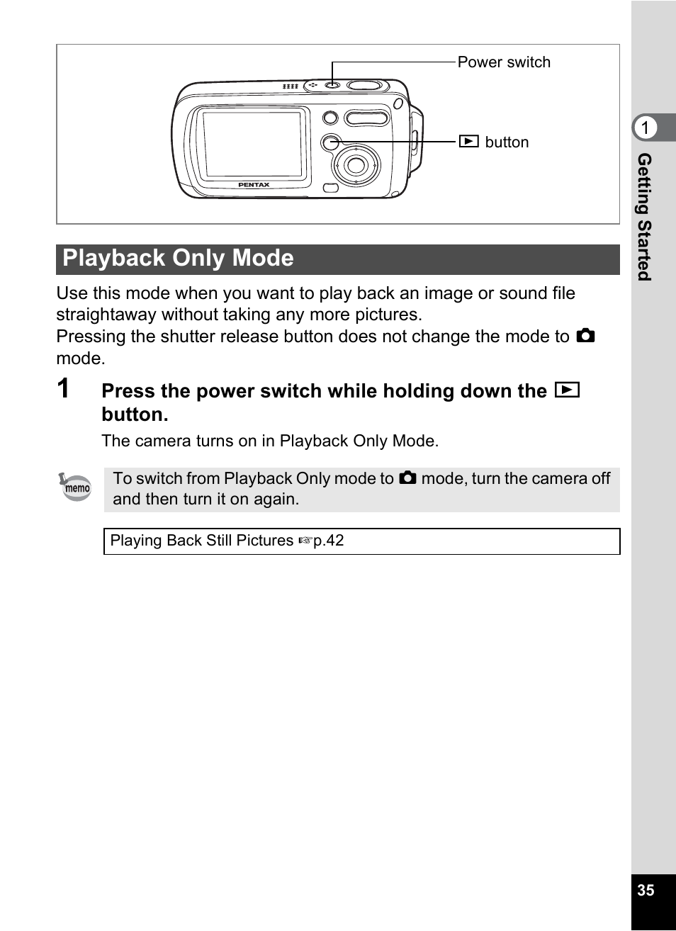 Playback only mode | Pentax OptioWP User Manual | Page 37 / 188