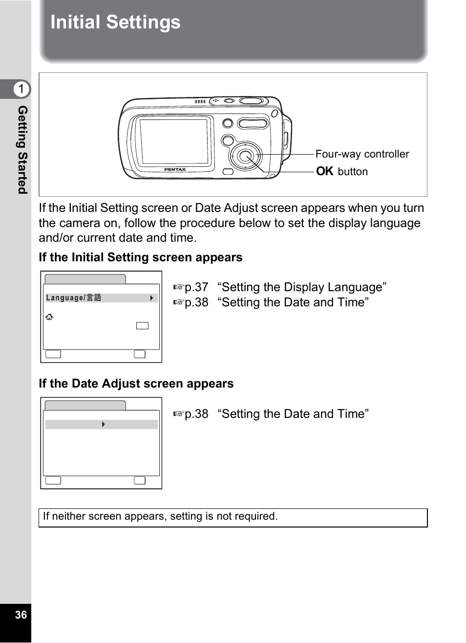Initial settings, 1gettin g sta rte d | Pentax OptioWP User Manual | Page 38 / 188