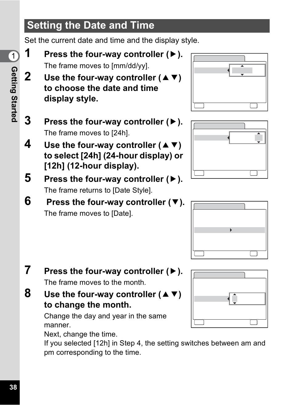 Setting the date and time, P.38), Press the four-way controller ( 5 ) | Press the four-way controller ( 3 ) | Pentax OptioWP User Manual | Page 40 / 188