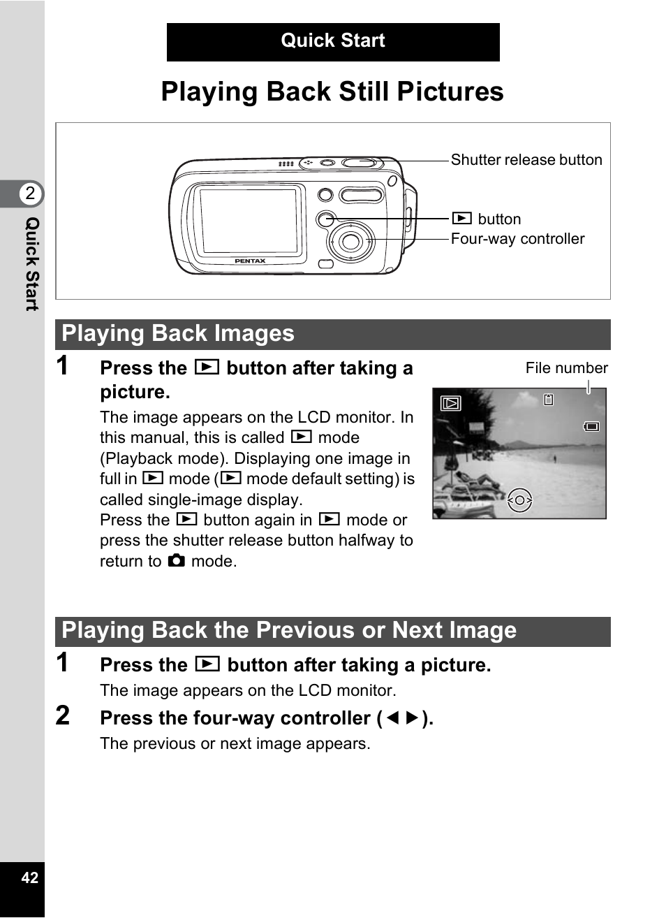 Playing back still pictures, Playing back images, Playing back the previous or next image | Playing back still pictures 1 | Pentax OptioWP User Manual | Page 44 / 188