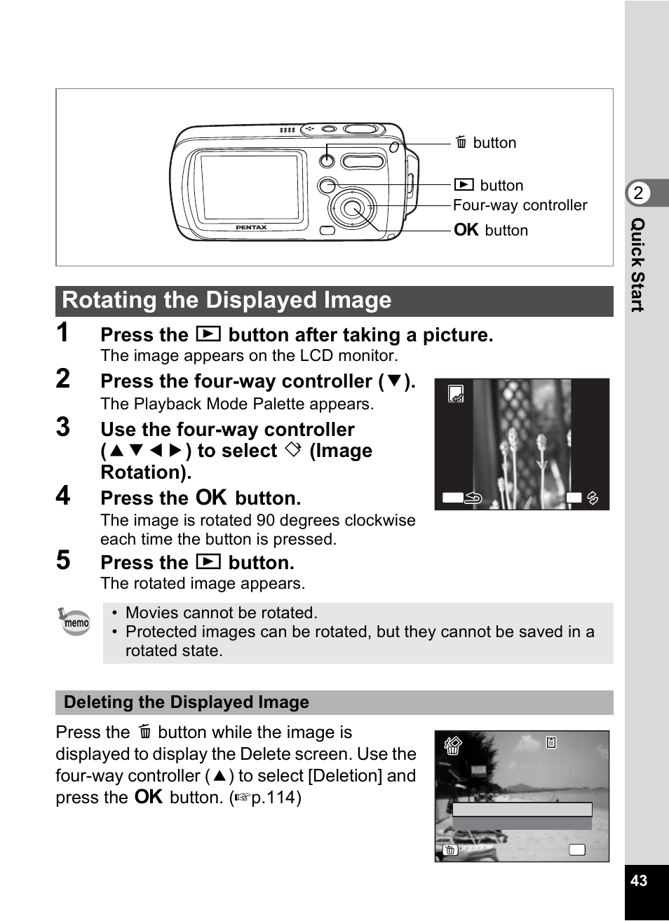 Rotating the displayed image, Press the q button after taking a picture, Press the four-way controller ( 3 ) | Press the 4 button, Press the q button | Pentax OptioWP User Manual | Page 45 / 188