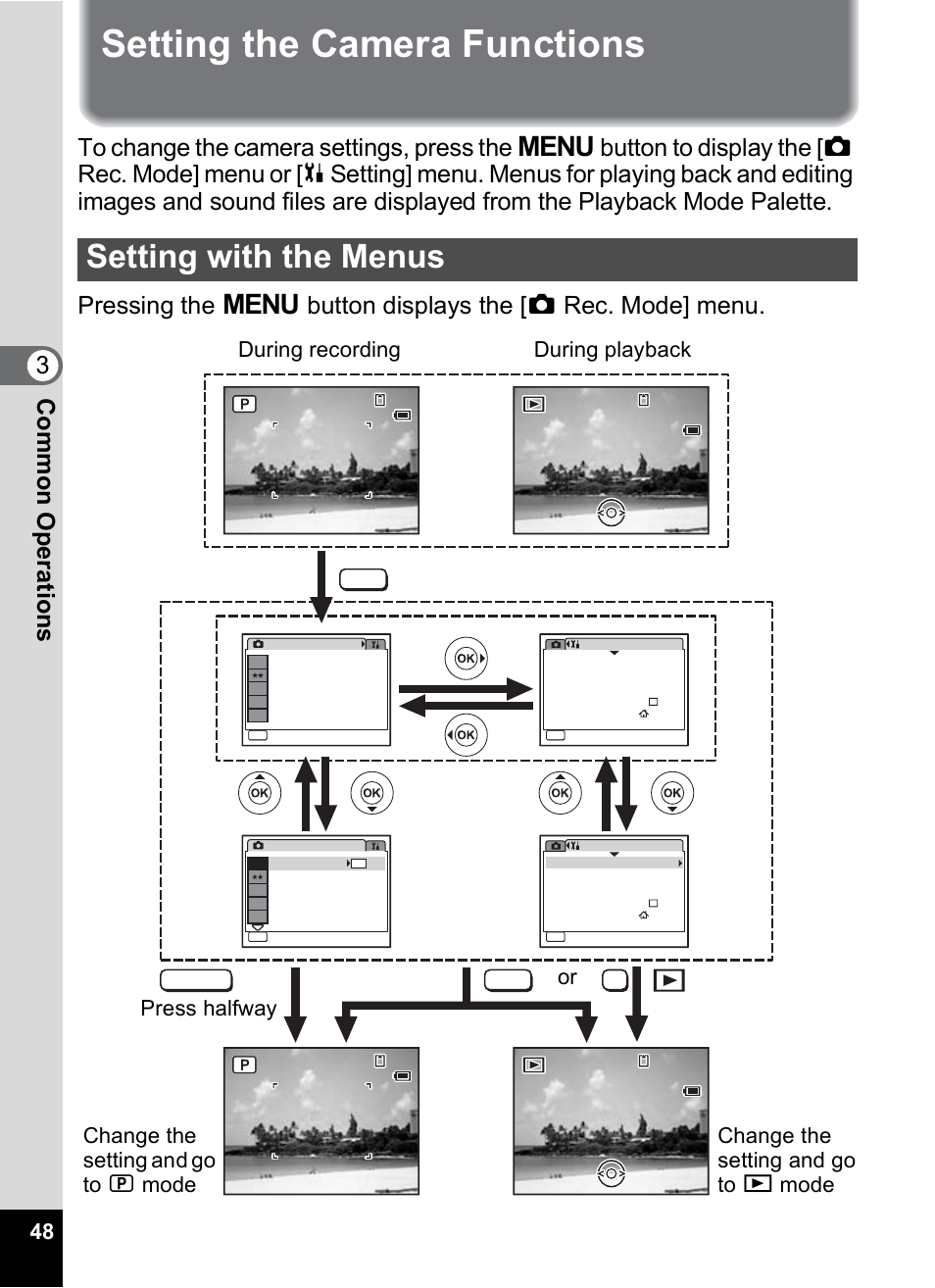 Setting the camera functions, Setting with the menus, 1p.48 | P.48, 3com m on o p erati ons, Menu ok shutter menu | Pentax OptioWP User Manual | Page 50 / 188