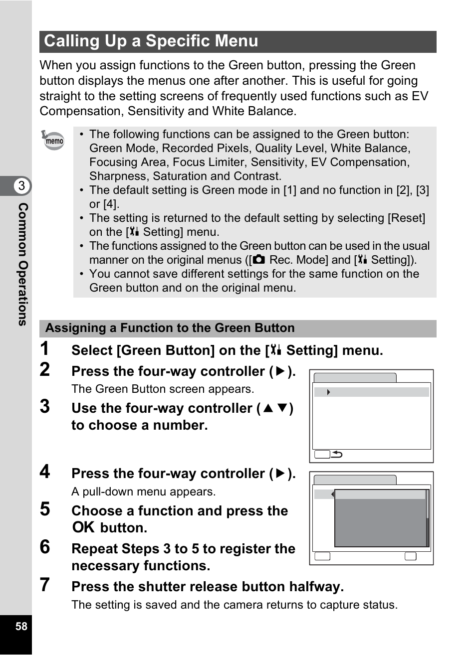 Calling up a specific menu, 1p.58), P.58 | Pentax OptioWP User Manual | Page 60 / 188