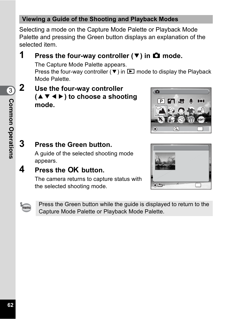 P.62), 1 p.62), P.62 | Press the four-way controller ( 3 ) in a mode, Press the green button, Press the 4 button | Pentax OptioWP User Manual | Page 64 / 188