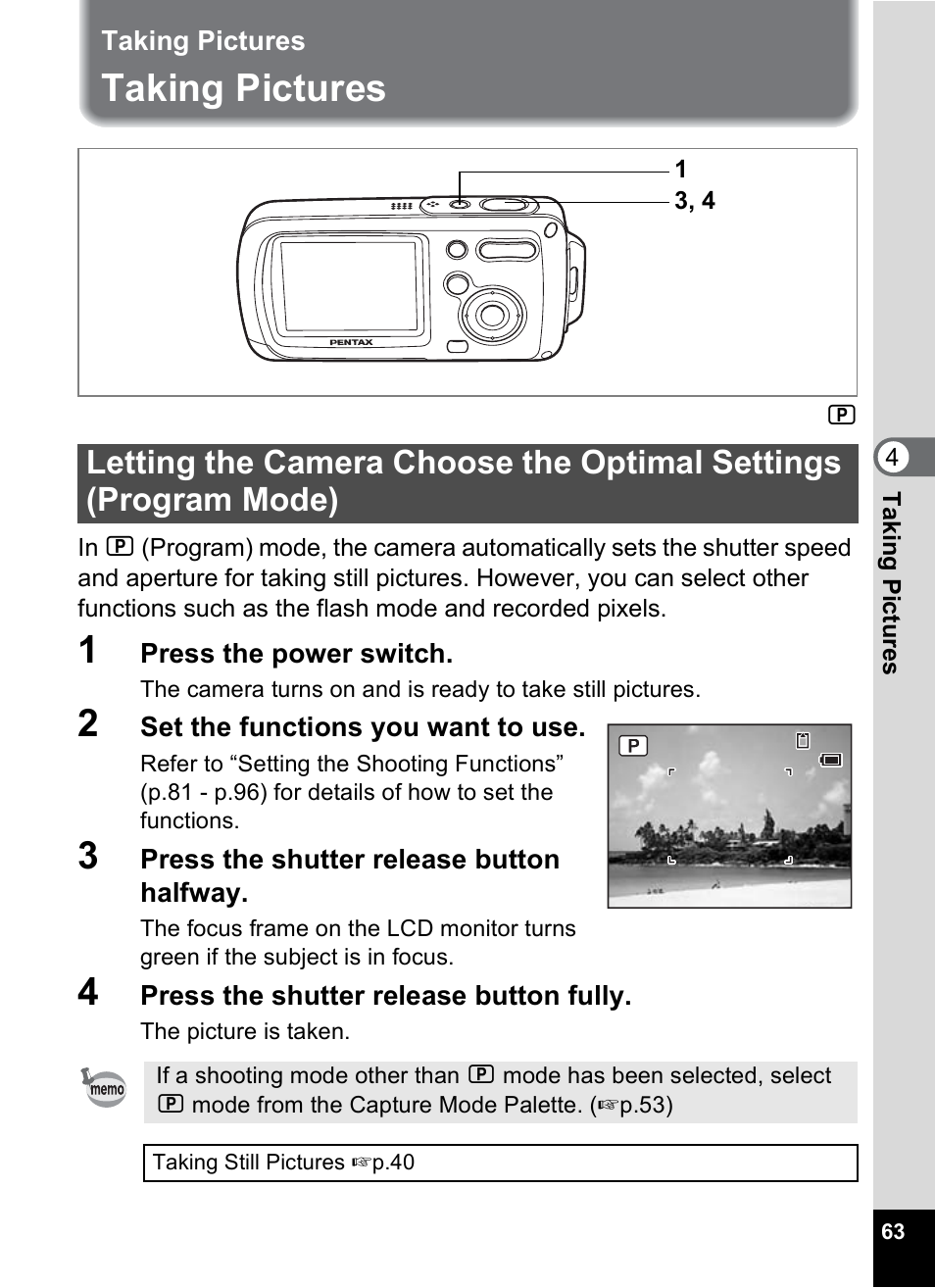 Taking pictures | Pentax OptioWP User Manual | Page 65 / 188