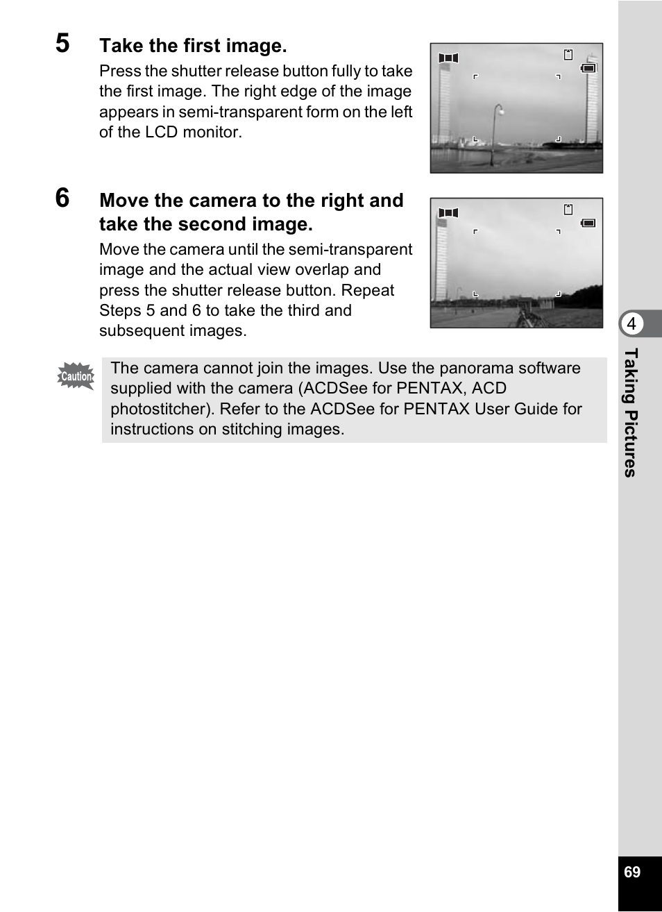 Take the first image, 4tak ing pi cture s | Pentax OptioWP User Manual | Page 71 / 188
