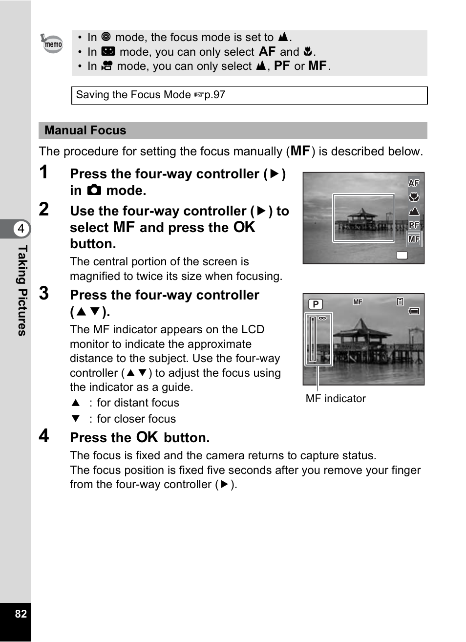 P.82, Press the four-way controller ( 5 ) in a mode, Press the four-way controller ( 23 ) | Press the 4 button | Pentax OptioWP User Manual | Page 84 / 188