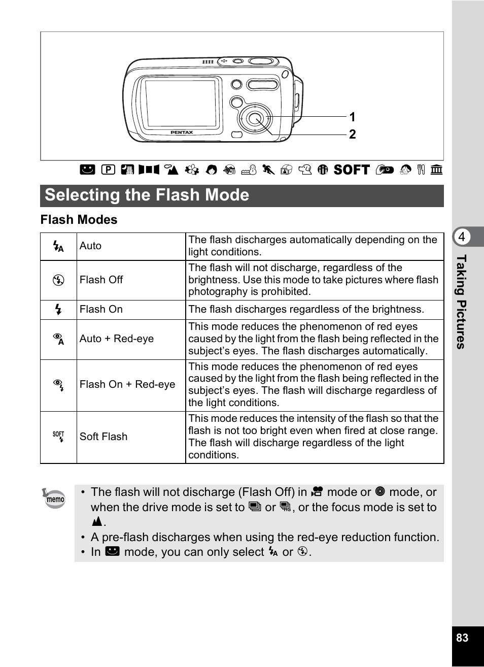 Selecting the flash mode, P.83) | Pentax OptioWP User Manual | Page 85 / 188