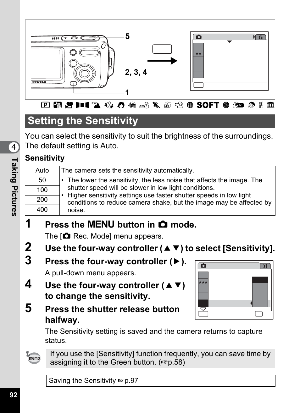 Setting the sensitivity, Y (p.92), P.92) | P.92, Press the 3 button in a mode, Press the four-way controller ( 5 ), Press the shutter release button halfway | Pentax OptioWP User Manual | Page 94 / 188