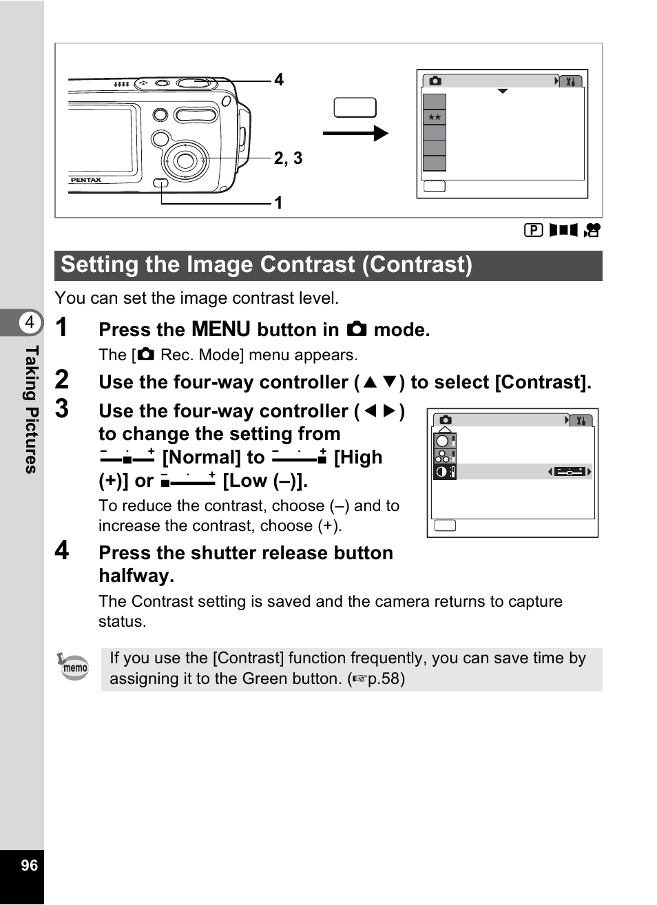 Setting the image contrast (contrast), P.96, P.96) | Press the 3 button in a mode, Press the shutter release button halfway | Pentax OptioWP User Manual | Page 98 / 188