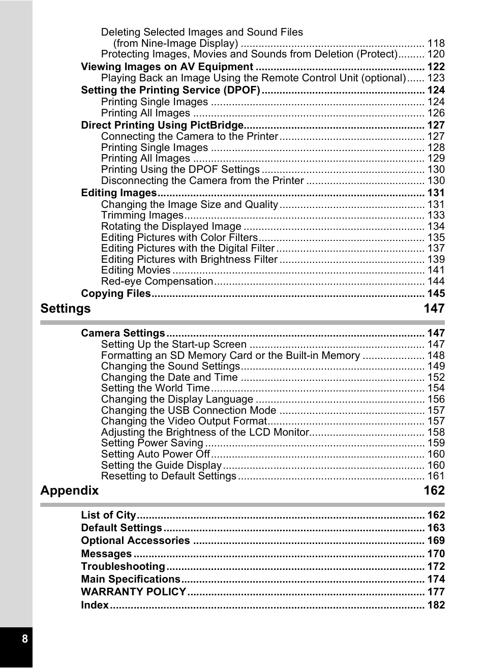 Settings 147, Appendix 162 | Pentax Optio S6 User Manual | Page 10 / 187