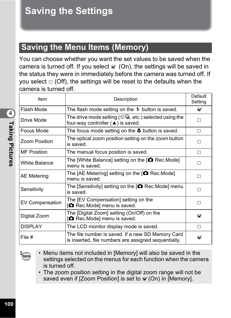 Saving the settings, Saving the menu items (memory), P.100 | Pentax Optio S6 User Manual | Page 102 / 187