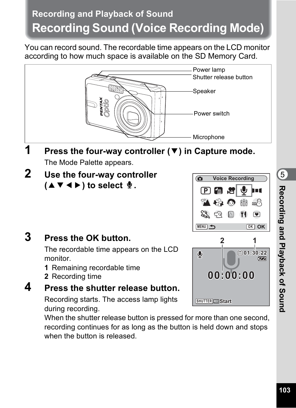 Recording and playback of sound, Recording sound (voice recording mode), P.103 | Pentax Optio S6 User Manual | Page 105 / 187