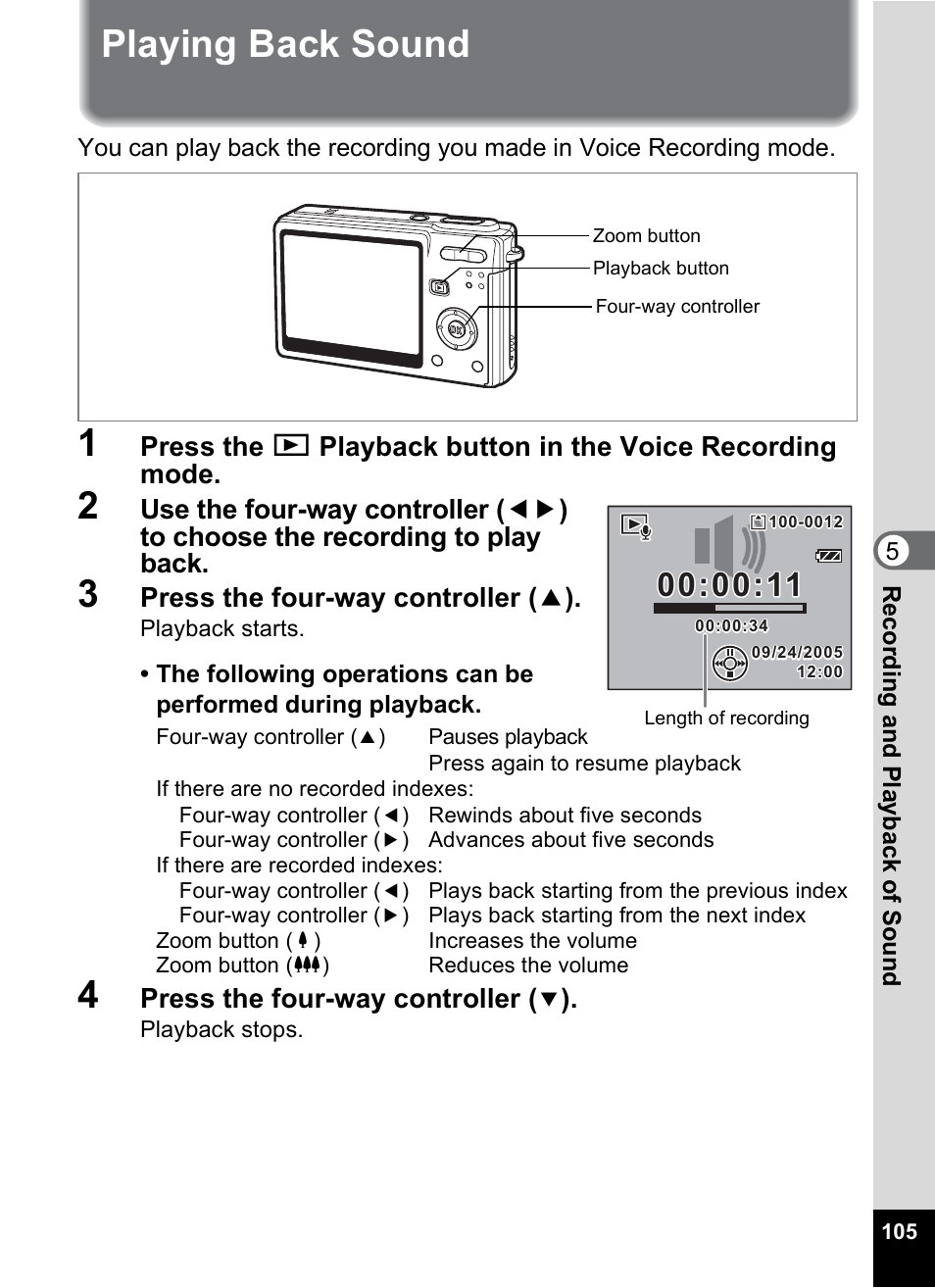 Playing back sound, Press the four-way controller ( 2 ), Press the four-way controller | Pentax Optio S6 User Manual | Page 107 / 187