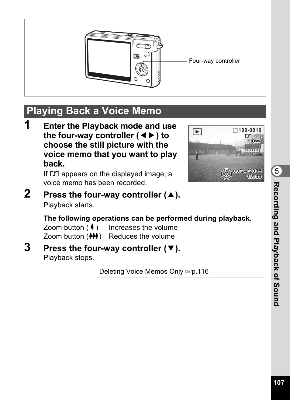 Playing back a voice memo | Pentax Optio S6 User Manual | Page 109 / 187