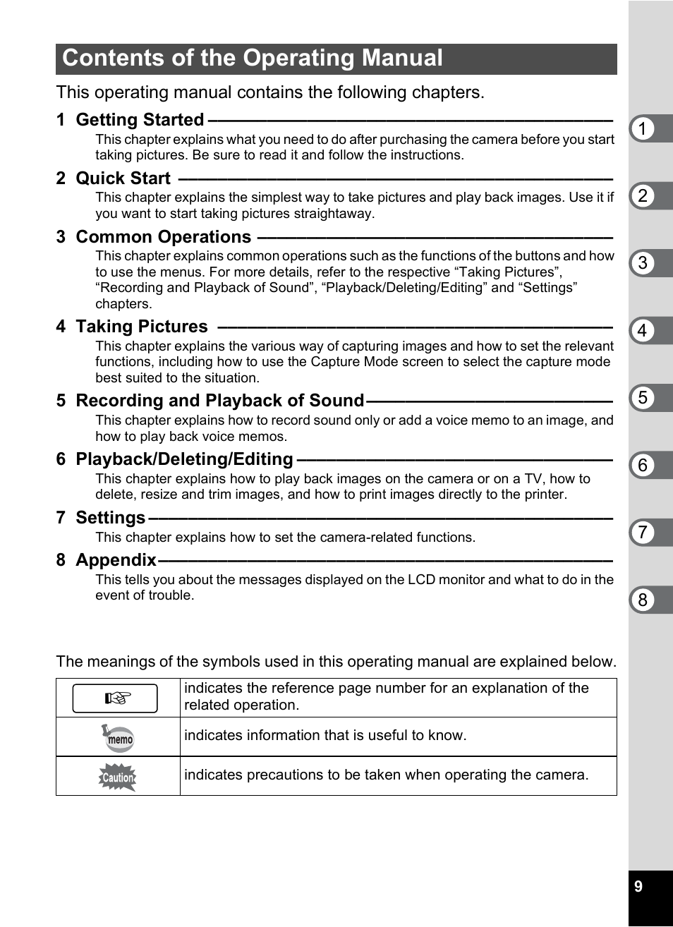Contents of the operating manual | Pentax Optio S6 User Manual | Page 11 / 187
