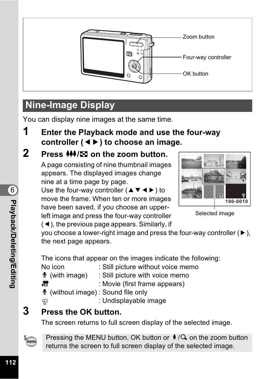 Nine-image display, P.112) | Pentax Optio S6 User Manual | Page 114 / 187