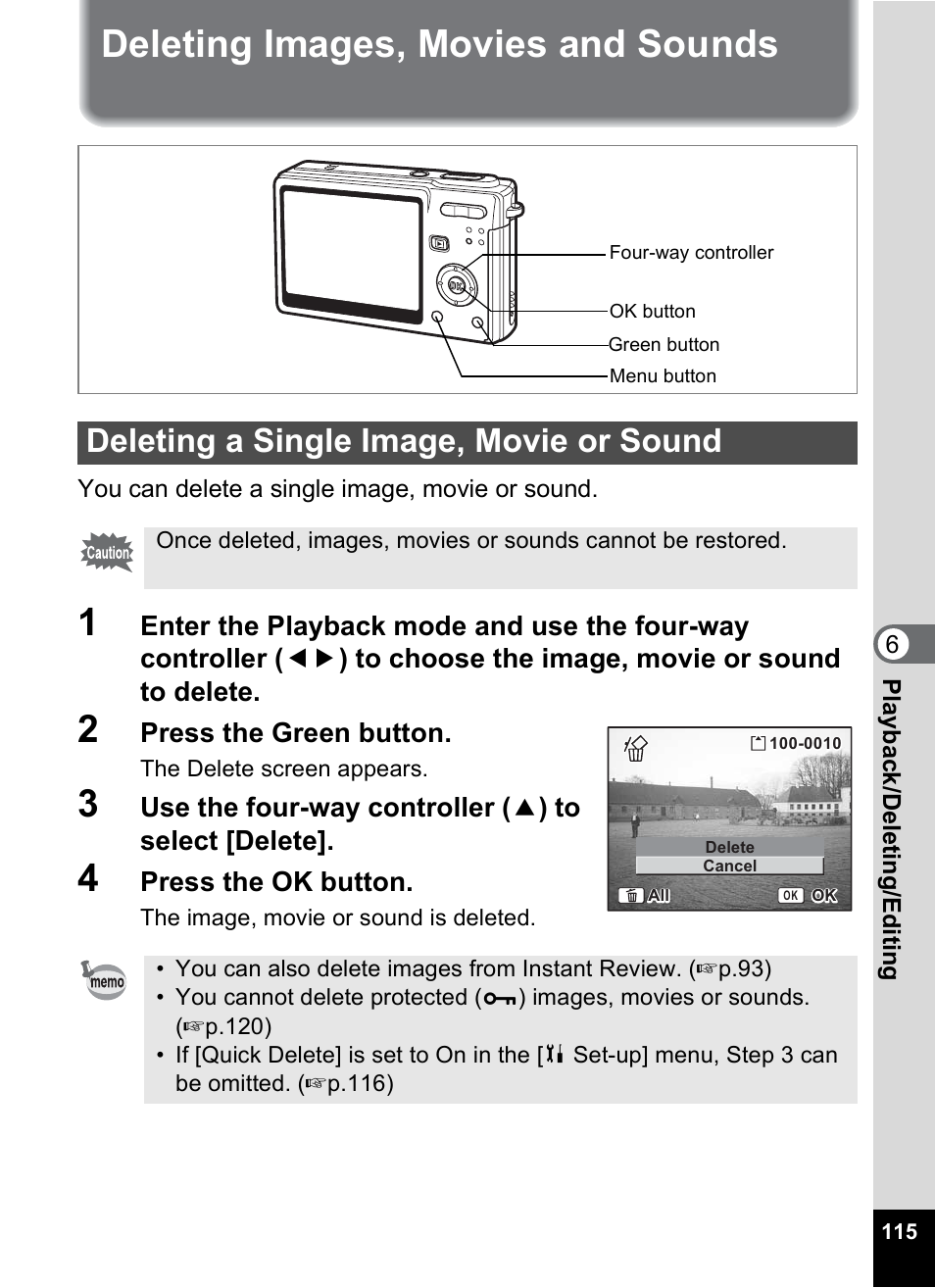 Deleting images, movies and sounds, Deleting a single image, movie or sound, P.115) | P.115, Press the green button, Press the ok button | Pentax Optio S6 User Manual | Page 117 / 187