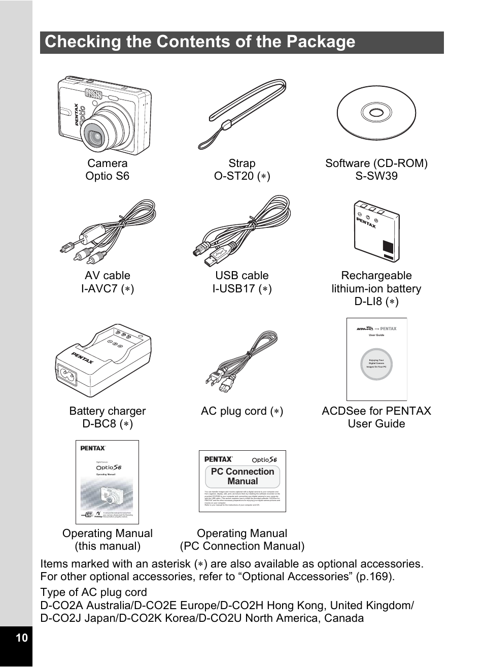 Checking the contents of the package | Pentax Optio S6 User Manual | Page 12 / 187