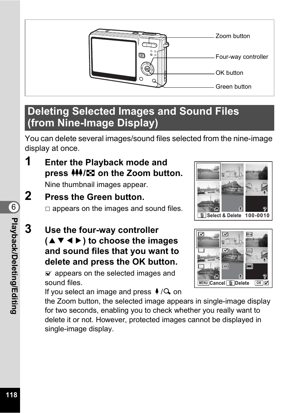 Deleting selected images and sound files, From nine-image display), Press the green button | Pentax Optio S6 User Manual | Page 120 / 187
