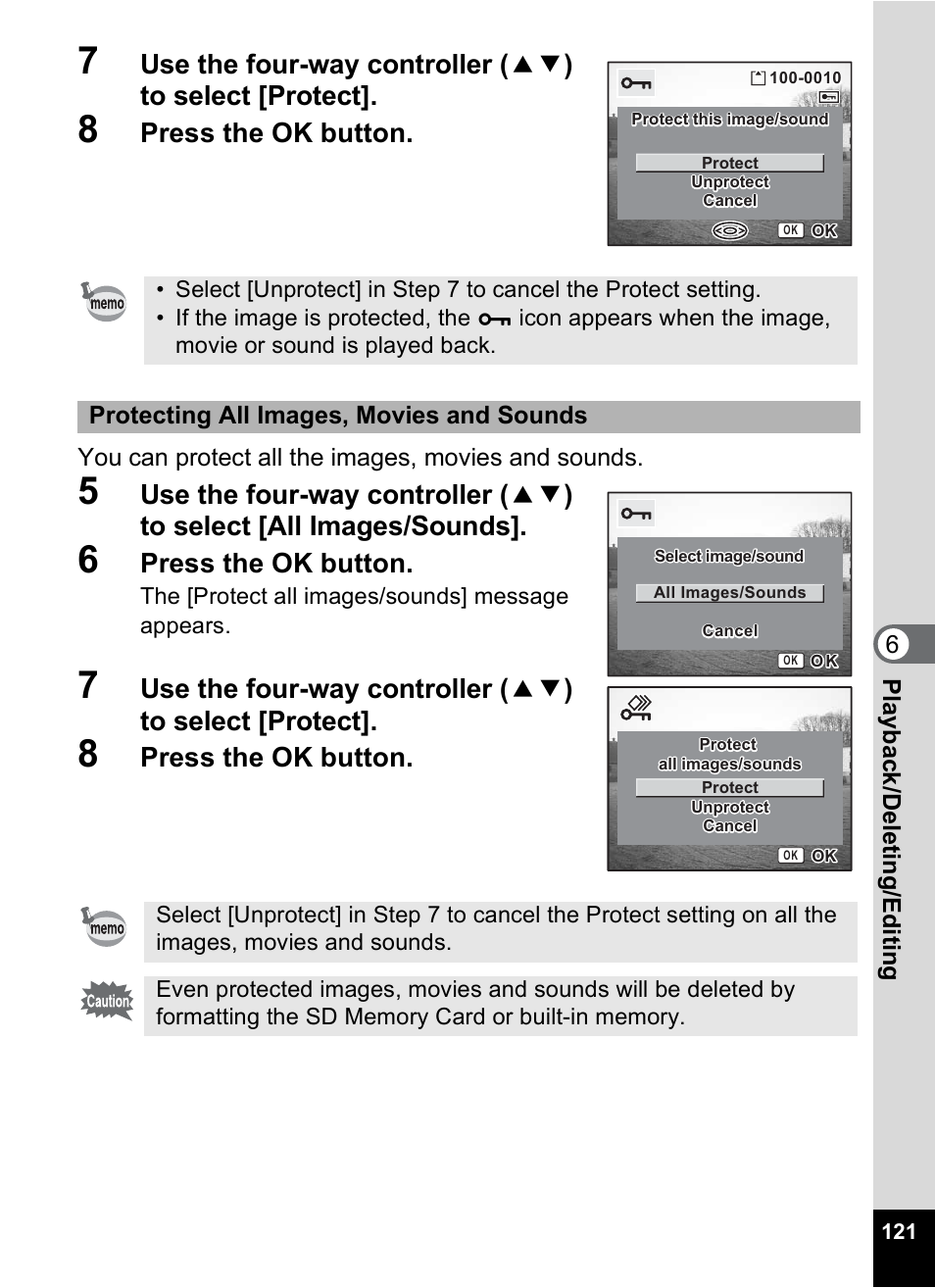 Press the ok button, 6play bac k /d el eting /editi n g, You can protect all the images, movies and sounds | Protecting all images, movies and sounds | Pentax Optio S6 User Manual | Page 123 / 187