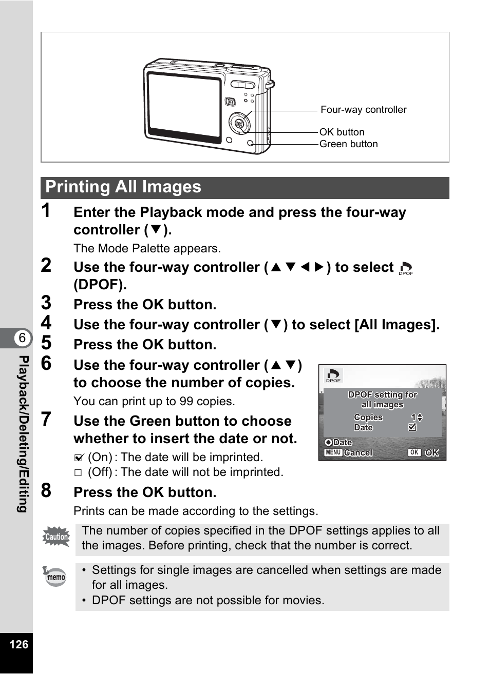 Printing all images, Press the ok button | Pentax Optio S6 User Manual | Page 128 / 187