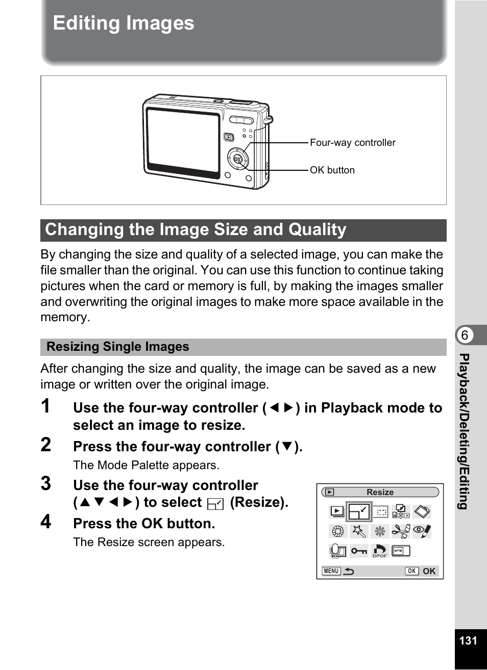 Editing images, Changing the image size and quality, P.131 | Pentax Optio S6 User Manual | Page 133 / 187