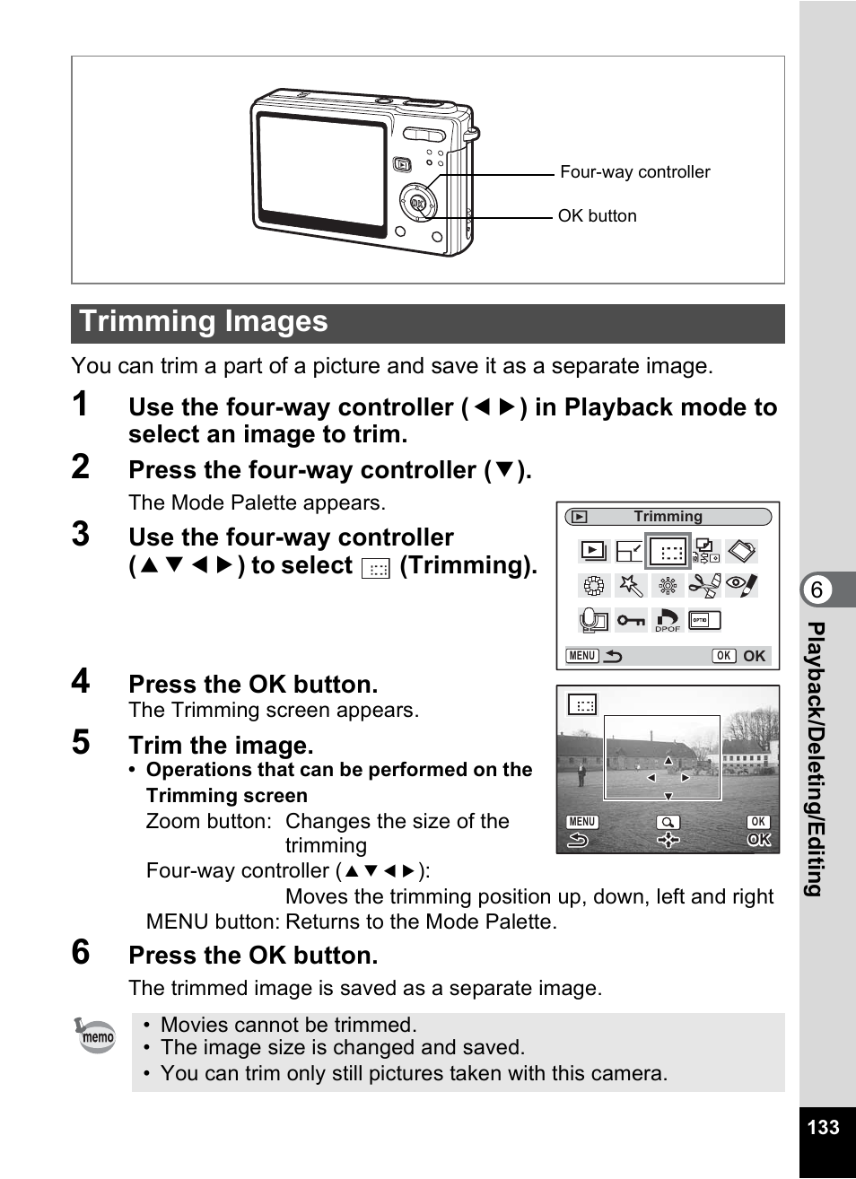 Trimming images, P.133 | Pentax Optio S6 User Manual | Page 135 / 187