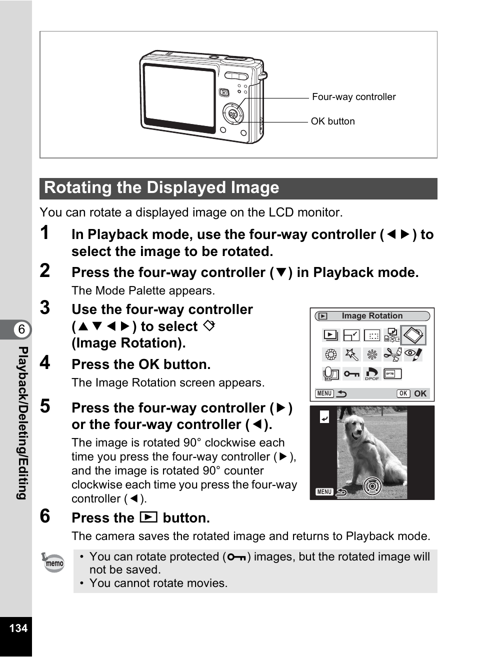 Rotating the displayed image, P.134), P.134 | Pentax Optio S6 User Manual | Page 136 / 187