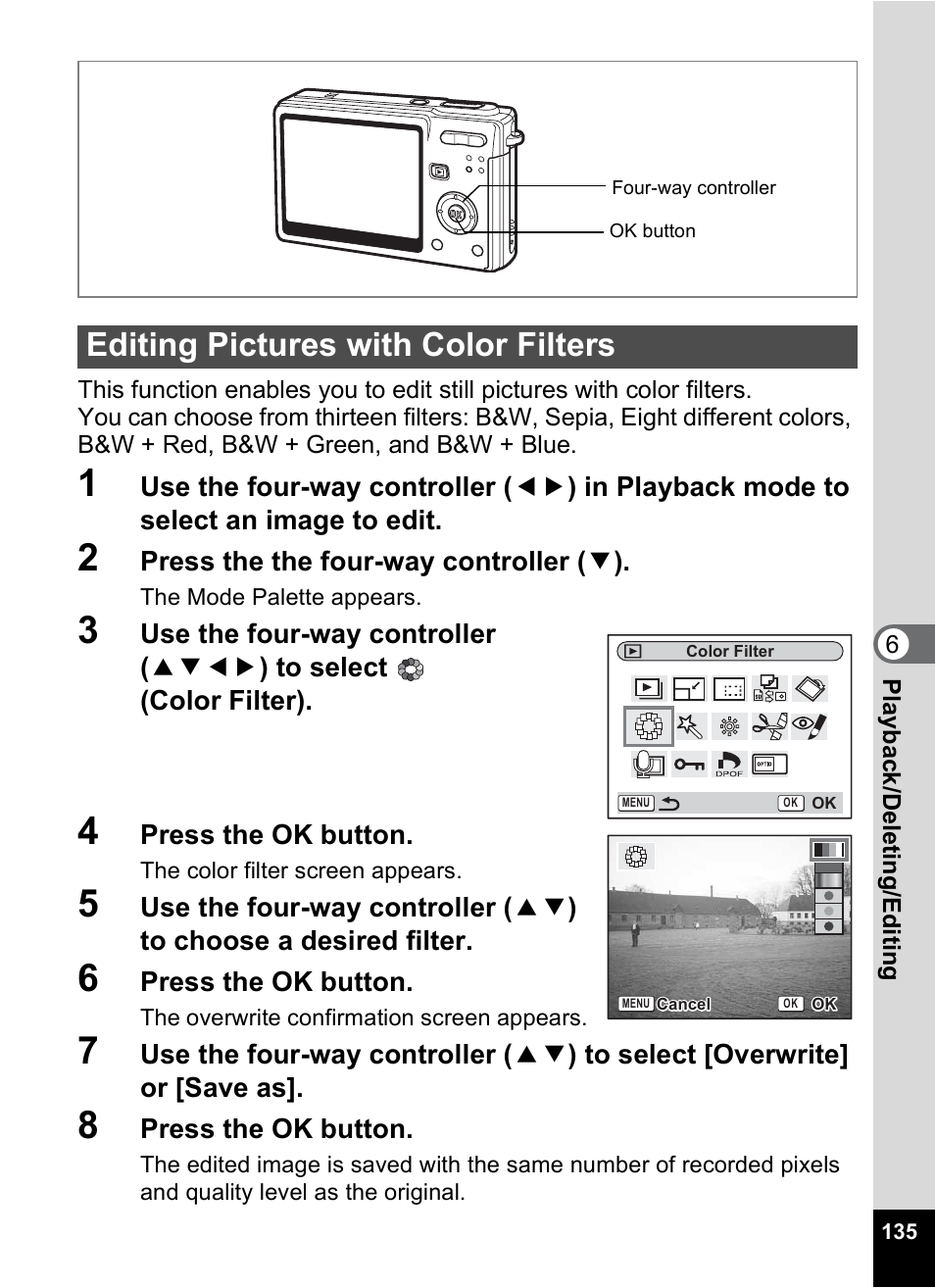 Editing pictures with color filters, P.135 | Pentax Optio S6 User Manual | Page 137 / 187