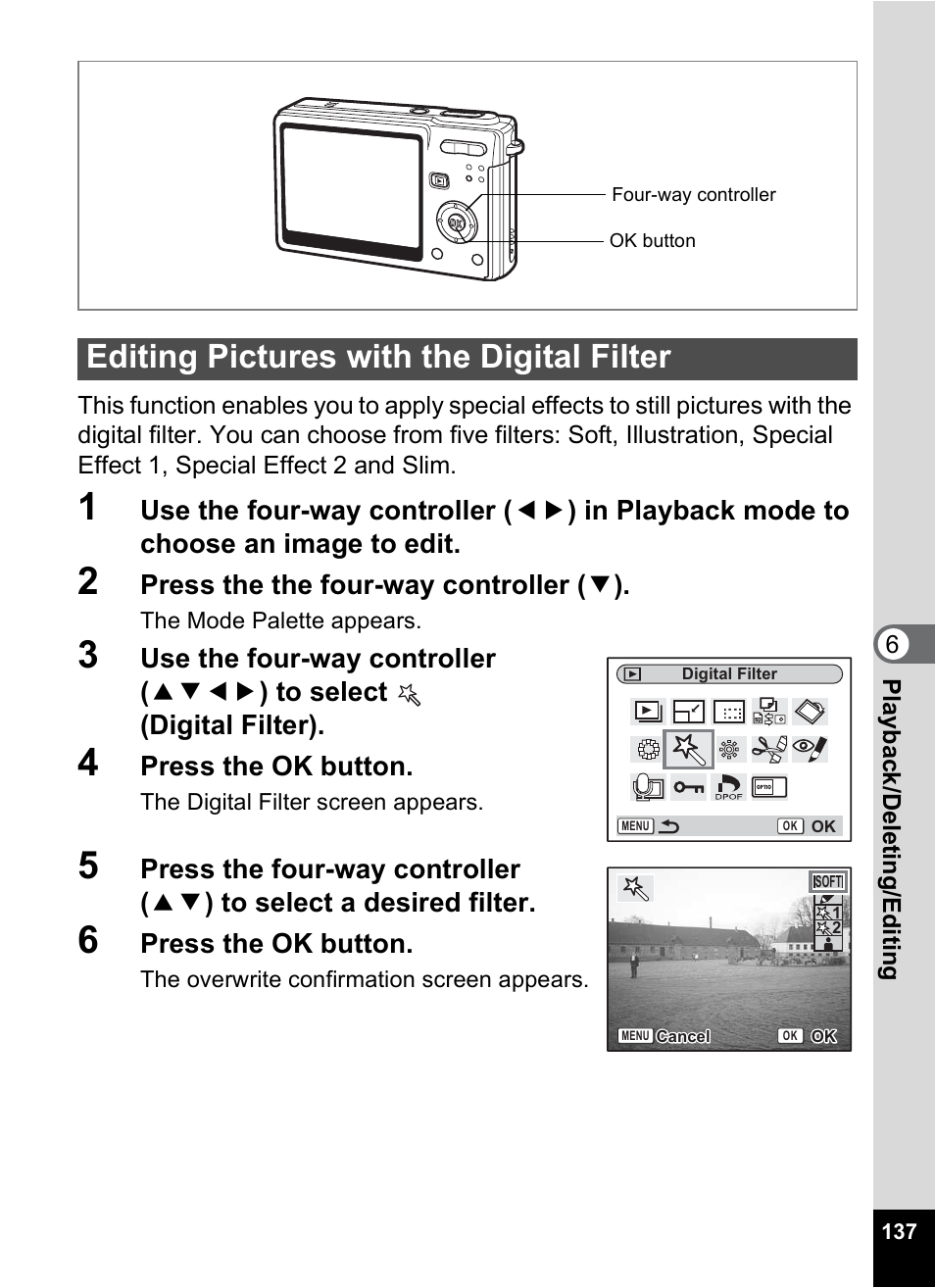 Editing pictures with the digital filter, P.137 | Pentax Optio S6 User Manual | Page 139 / 187