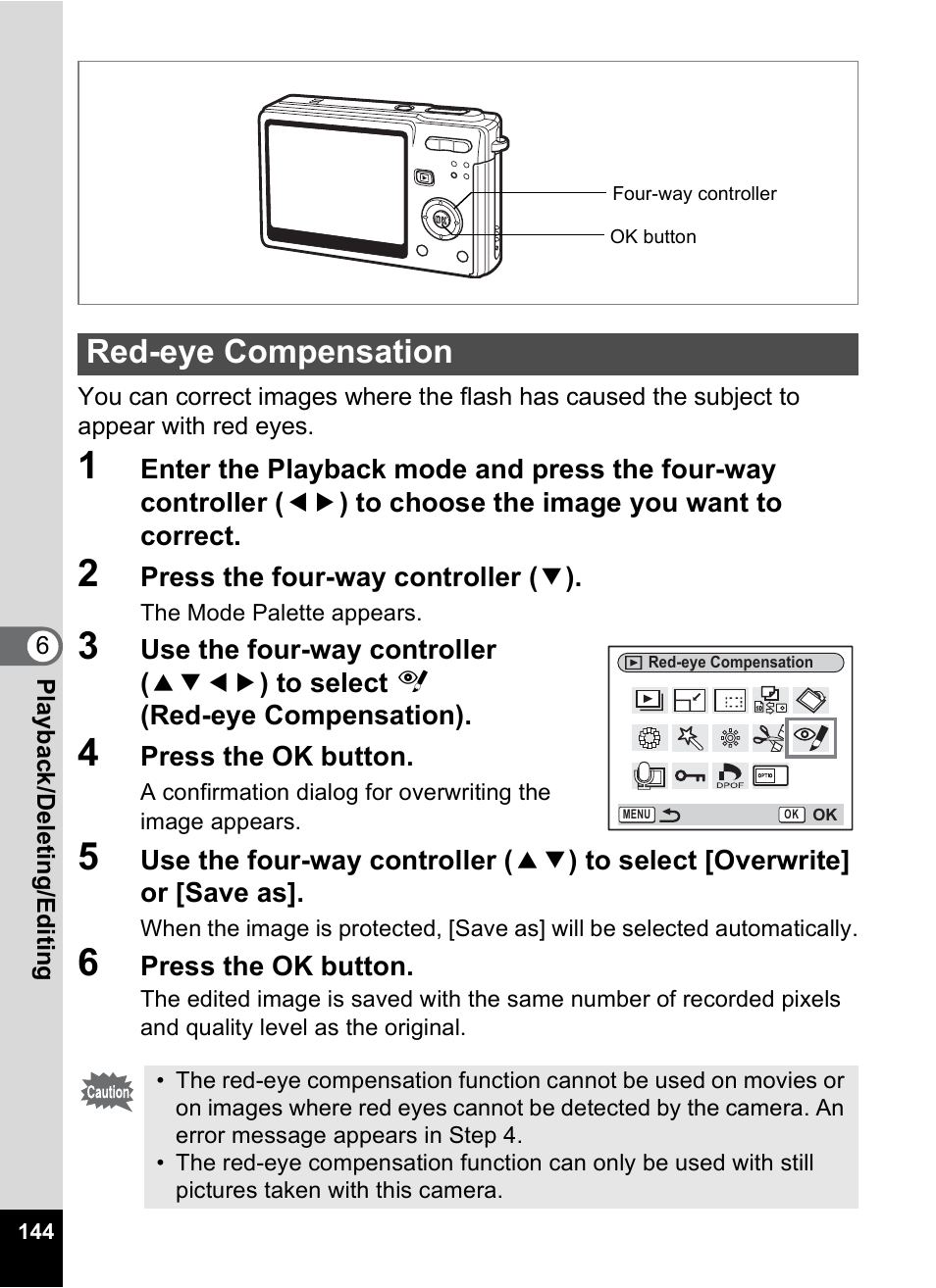 Red-eye compensation, P.144 | Pentax Optio S6 User Manual | Page 146 / 187