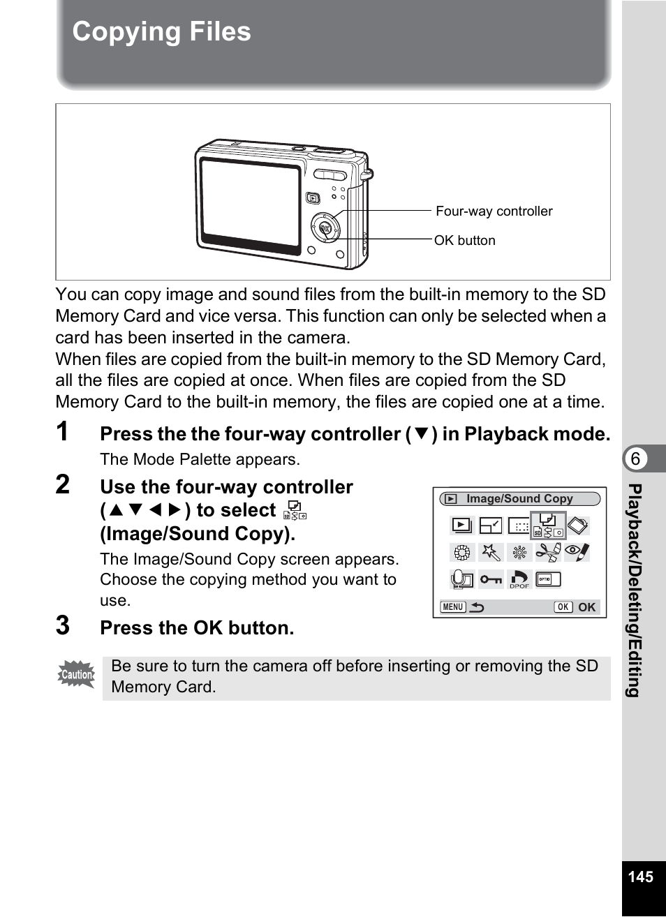 Copying files, P.145 | Pentax Optio S6 User Manual | Page 147 / 187