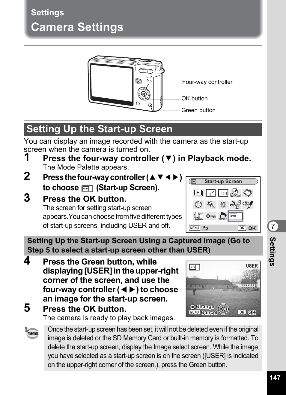 Settings, Camera settings, Setting up the start-up screen | P.147, Press the ok button | Pentax Optio S6 User Manual | Page 149 / 187