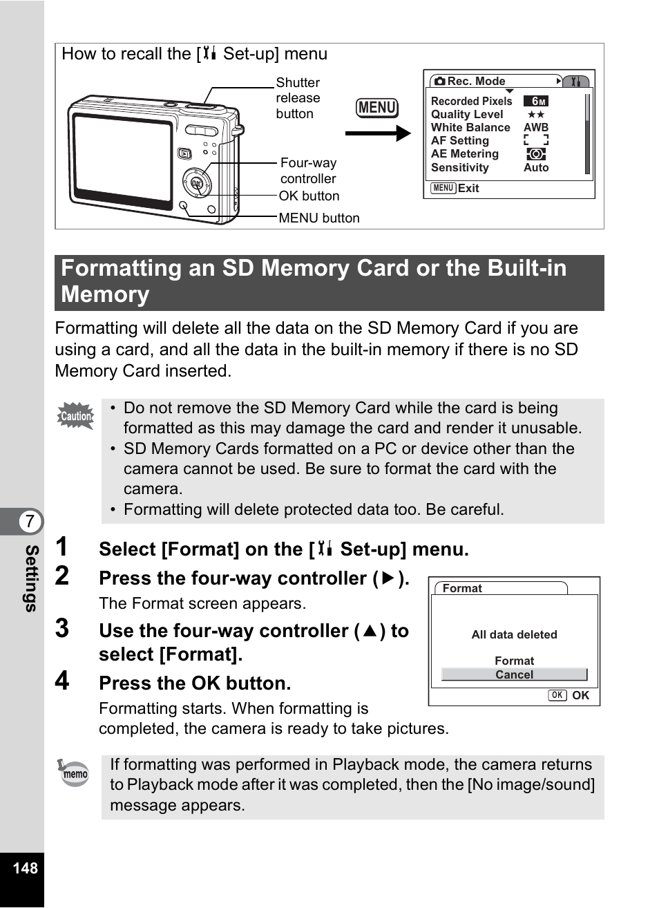 P.148, Select [format] on the [ b set-up] menu, Press the four-way controller ( 5 ) | Press the ok button | Pentax Optio S6 User Manual | Page 150 / 187