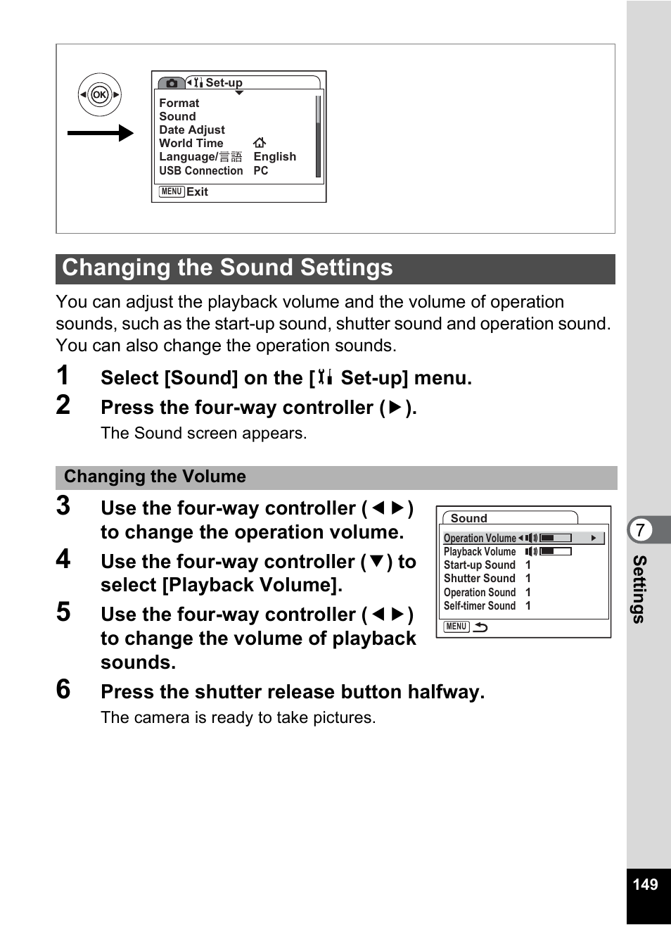 Changing the sound settings, P.149 | Pentax Optio S6 User Manual | Page 151 / 187