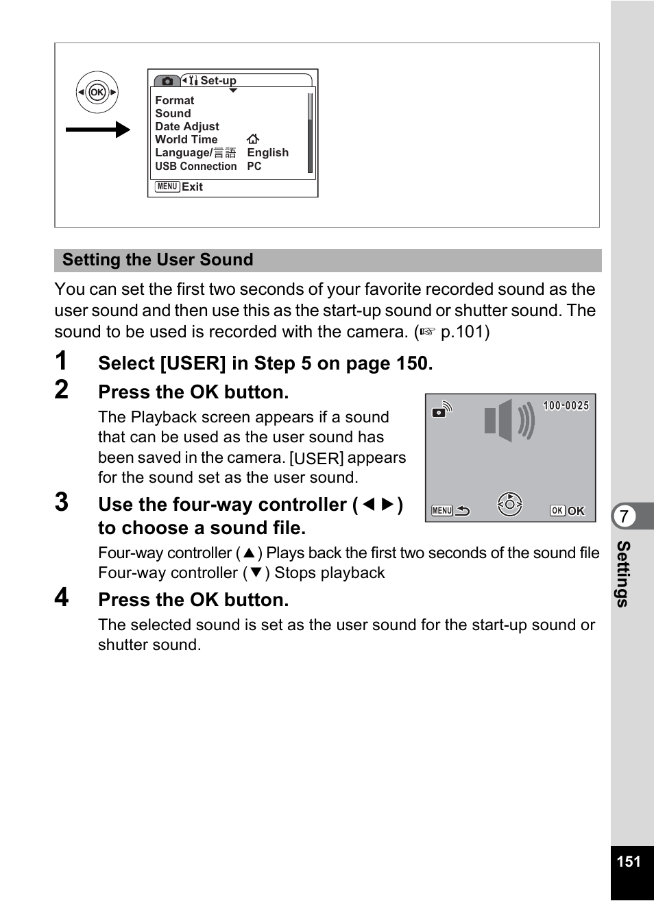 Select [user] in step 5 on page 150, Press the ok button | Pentax Optio S6 User Manual | Page 153 / 187