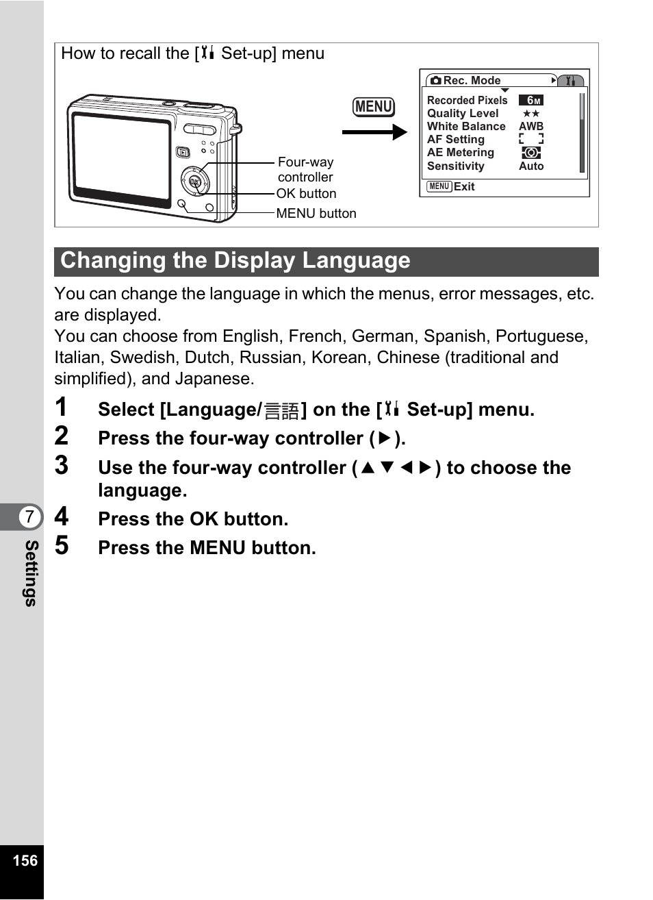 Changing the display language, Changing the display language” (p.156), P.156 | Pentax Optio S6 User Manual | Page 158 / 187