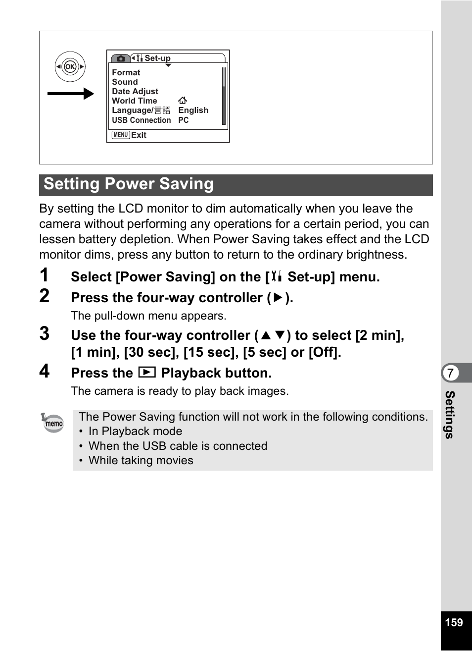Setting power saving, P.159 | Pentax Optio S6 User Manual | Page 161 / 187