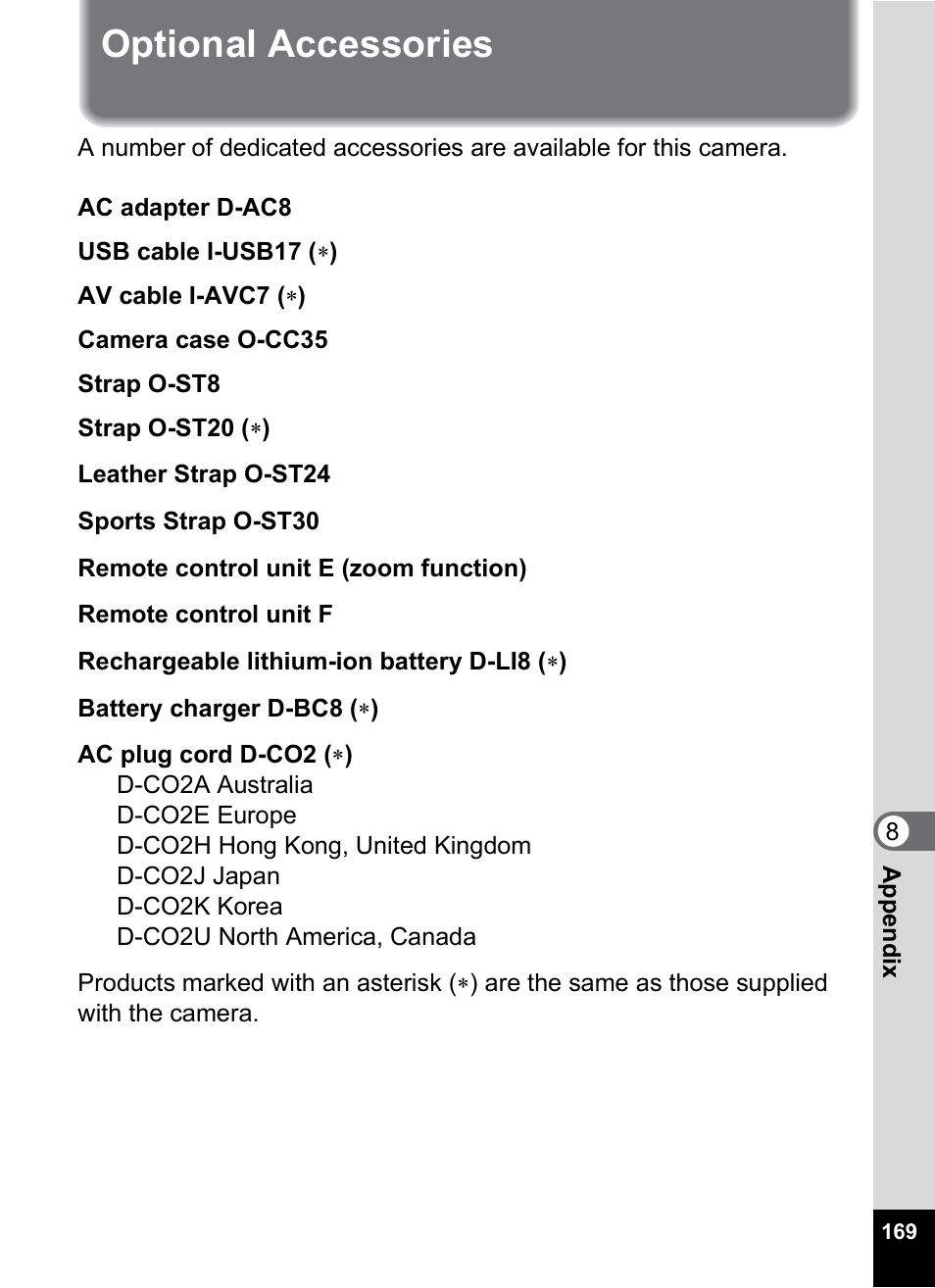 Optional accessories | Pentax Optio S6 User Manual | Page 171 / 187