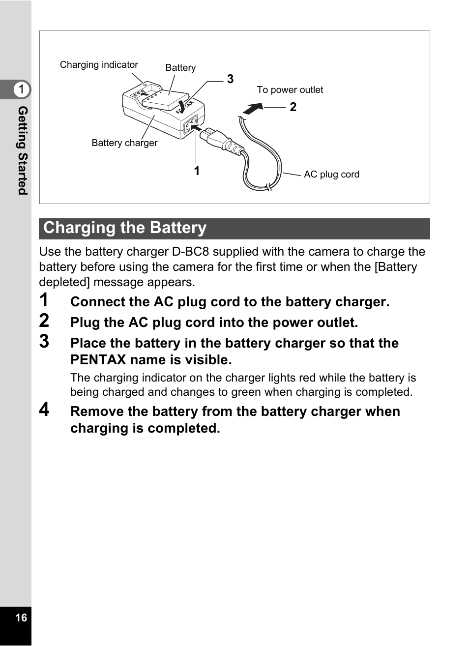 Charging the battery | Pentax Optio S6 User Manual | Page 18 / 187