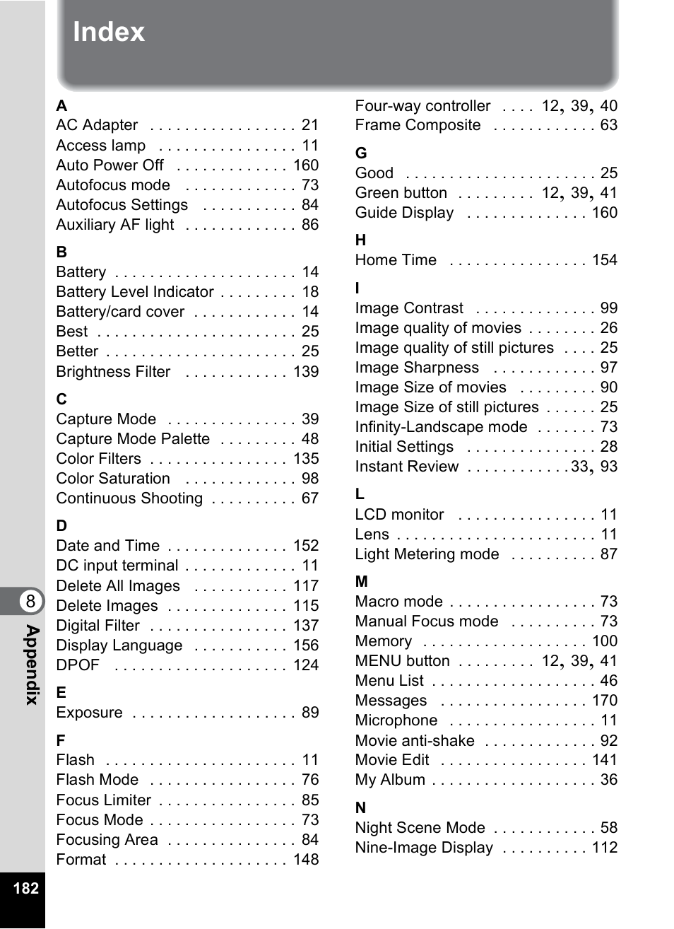 Index | Pentax Optio S6 User Manual | Page 184 / 187