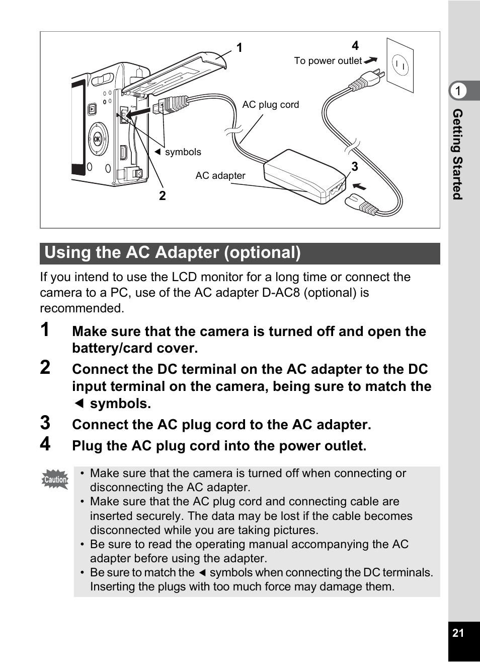 Using the ac adapter (optional) | Pentax Optio S6 User Manual | Page 23 / 187