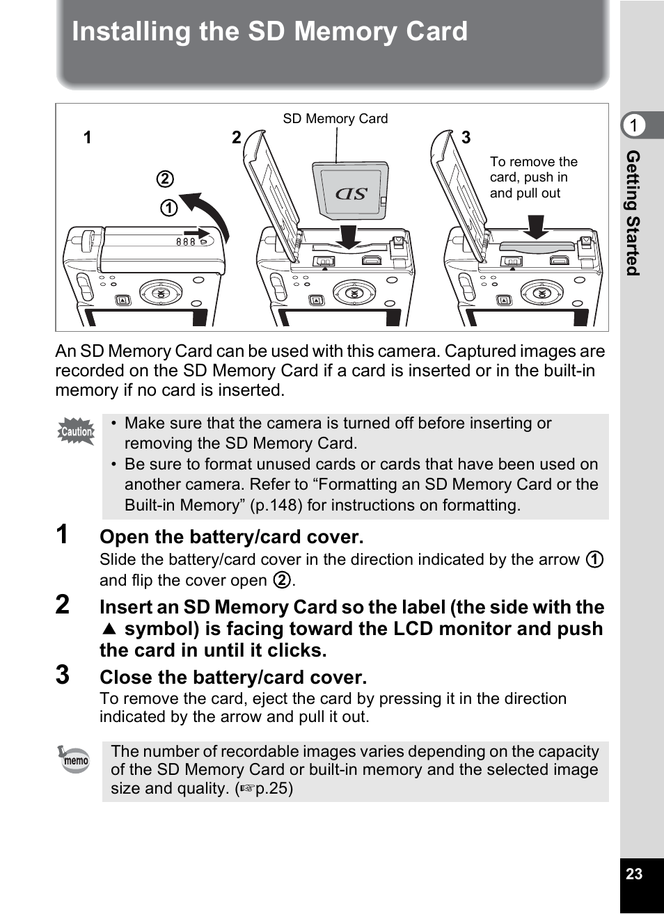 Installing the sd memory card | Pentax Optio S6 User Manual | Page 25 / 187